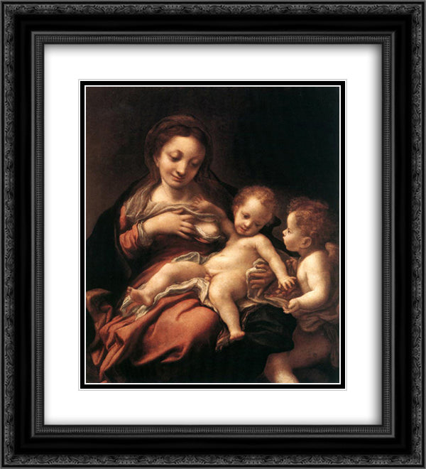 Virgin and Child with an Angel 20x22 Black Ornate Wood Framed Art Print Poster with Double Matting by Correggio