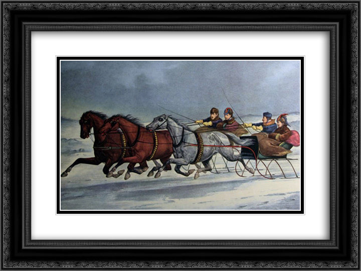 A Brush on the Snow 24x18 Black Ornate Wood Framed Art Print Poster with Double Matting by Currier and Ives