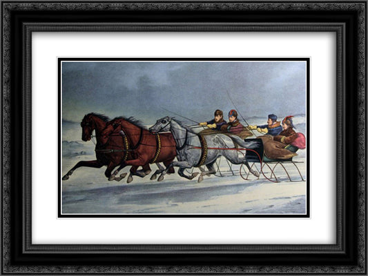 A Brush on the Snow 24x18 Black Ornate Wood Framed Art Print Poster with Double Matting by Currier and Ives