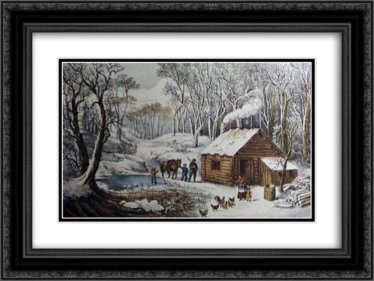 A Home in the Wilderness 24x18 Black Ornate Wood Framed Art Print Poster with Double Matting by Currier and Ives
