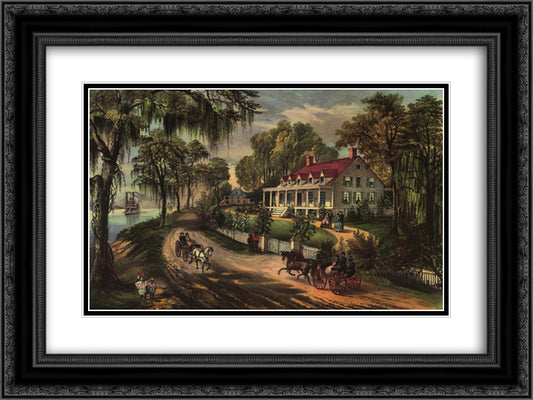 A Home on the Mississippi 24x18 Black Ornate Wood Framed Art Print Poster with Double Matting by Currier and Ives