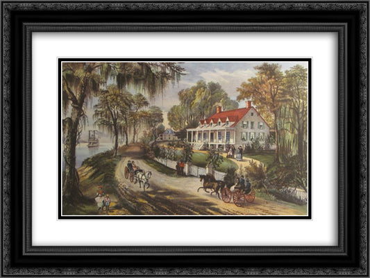 A Home on the Mississippi 24x18 Black Ornate Wood Framed Art Print Poster with Double Matting by Currier and Ives