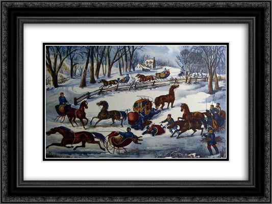 A Spill Out' on the Snow 24x18 Black Ornate Wood Framed Art Print Poster with Double Matting by Currier and Ives