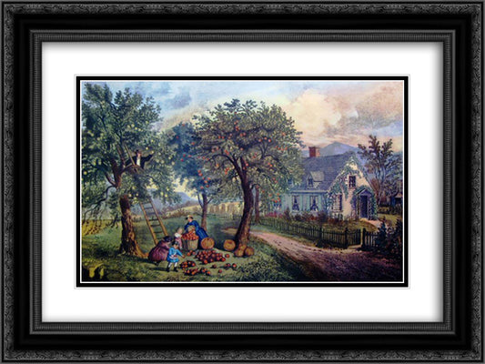 American Homestead Autumn 24x18 Black Ornate Wood Framed Art Print Poster with Double Matting by Currier and Ives