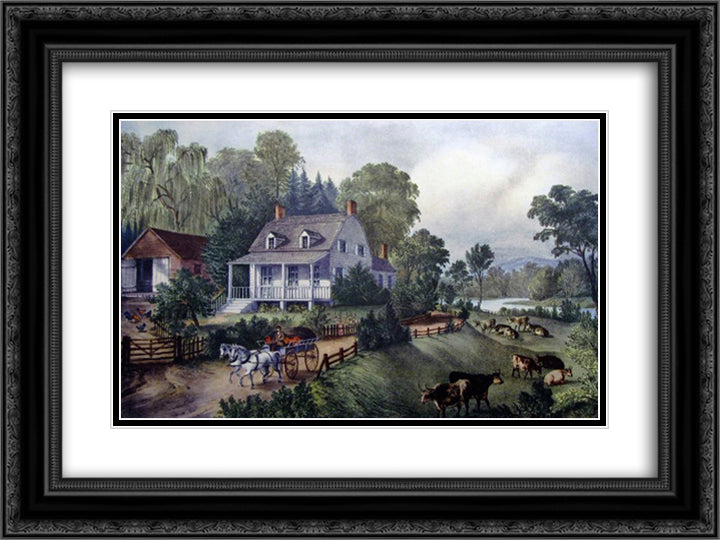 American Homestead Summer 24x18 Black Ornate Wood Framed Art Print Poster with Double Matting by Currier and Ives