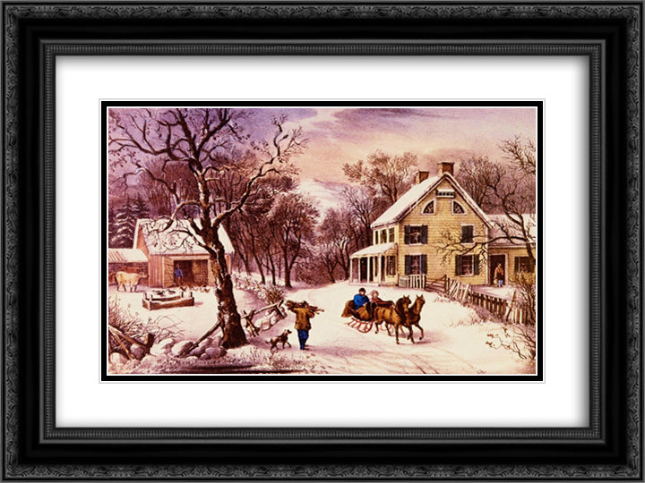 American Homestead Winter 24x18 Black Ornate Wood Framed Art Print Poster with Double Matting by Currier and Ives