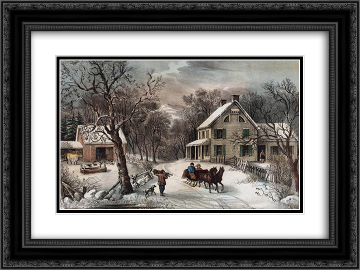 American Homestead Winter 24x18 Black Ornate Wood Framed Art Print Poster with Double Matting by Currier and Ives