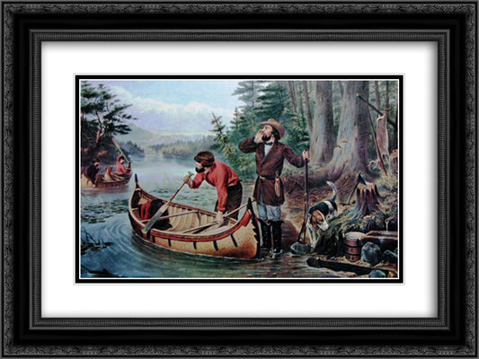 American Hunting Scenes - 'An Early Start' 24x18 Black Ornate Wood Framed Art Print Poster with Double Matting by Currier and Ives