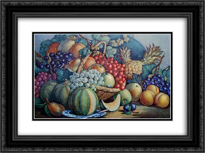 American Prize Fruit 24x18 Black Ornate Wood Framed Art Print Poster with Double Matting by Currier and Ives