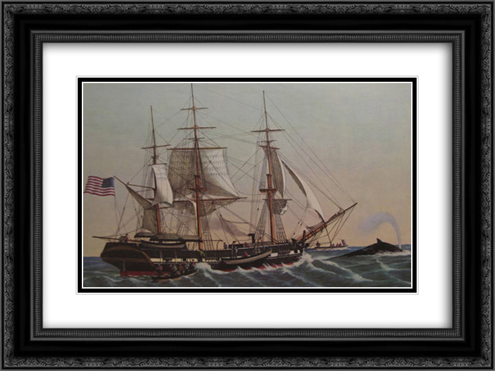 American Whaler 24x18 Black Ornate Wood Framed Art Print Poster with Double Matting by Currier and Ives