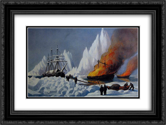 American Whalers Crushed in the Ice 24x18 Black Ornate Wood Framed Art Print Poster with Double Matting by Currier and Ives