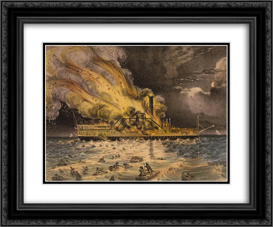 Awful conflagration of the steam boat Lexington in Long Island Sound on Monday eveg., Jany. 13th 1840 24x20 Black Ornate Wood Framed Art Print Poster with Double Matting by Currier and Ives