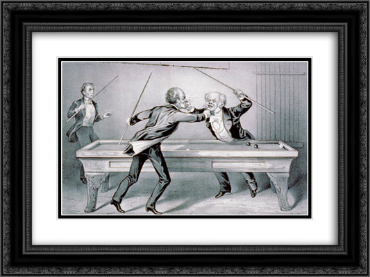 Billiards. A Double Carom 24x18 Black Ornate Wood Framed Art Print Poster with Double Matting by Currier and Ives