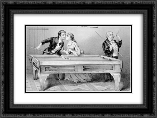 Billiards. A Kiss 24x18 Black Ornate Wood Framed Art Print Poster with Double Matting by Currier and Ives