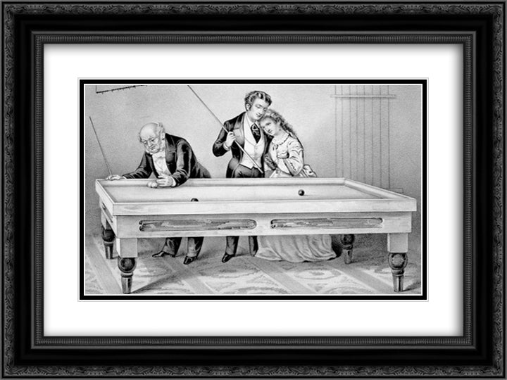 Billiards. Froze together 24x18 Black Ornate Wood Framed Art Print Poster with Double Matting by Currier and Ives