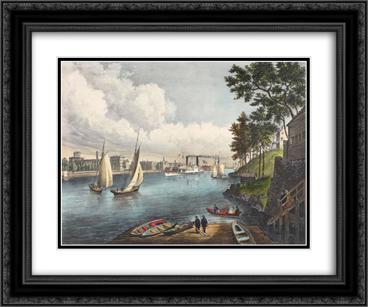 Blackwells Island, East River, From Eighty Sixth Street, New York 24x20 Black Ornate Wood Framed Art Print Poster with Double Matting by Currier and Ives