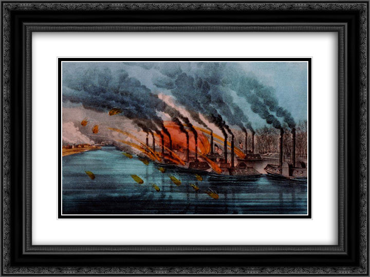 Bombardment and capture of Fort Henry, Tenn 1862 24x18 Black Ornate Wood Framed Art Print Poster with Double Matting by Currier and Ives