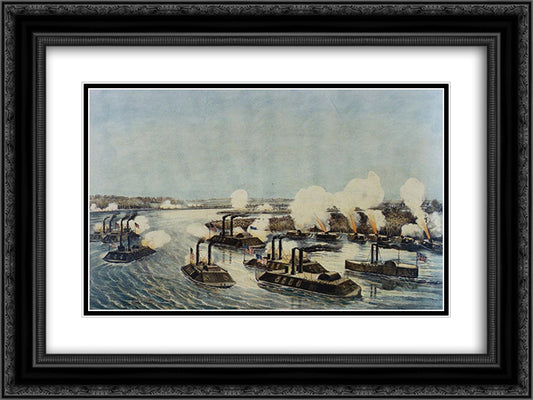 Bombardment and Capture of Island Number Ten on the Mississippi River, April 7, 1862 24x18 Black Ornate Wood Framed Art Print Poster with Double Matting by Currier and Ives