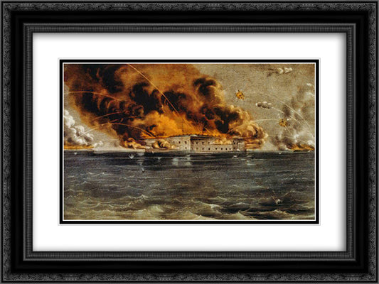 Bombardment of Fort Sumter, Charleston Harbor 12th & 13th of April, 1861 24x18 Black Ornate Wood Framed Art Print Poster with Double Matting by Currier and Ives