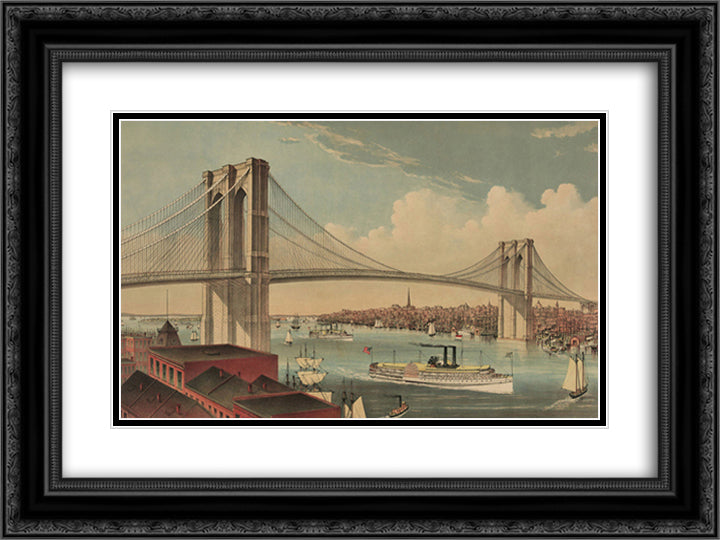 Brookyn Bridge 24x18 Black Ornate Wood Framed Art Print Poster with Double Matting by Currier and Ives