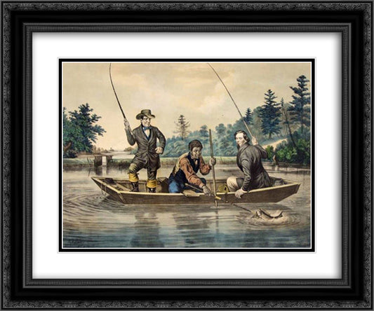 Catching a Trout 24x20 Black Ornate Wood Framed Art Print Poster with Double Matting by Currier and Ives