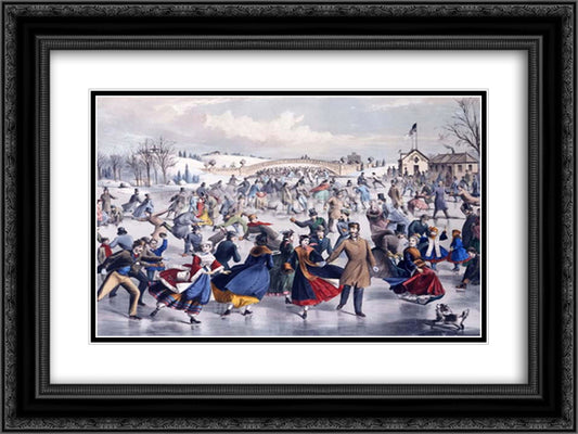 Central Park, Winter. The Skating Pond 24x18 Black Ornate Wood Framed Art Print Poster with Double Matting by Currier and Ives