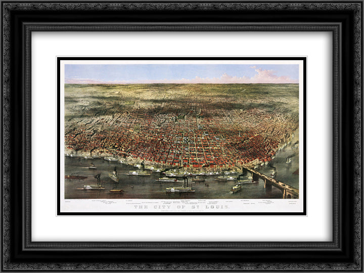 City of St. Louis. Bird's-eye view of St. Louis, Missouri, as seen from above the Mississippi River 24x18 Black Ornate Wood Framed Art Print Poster with Double Matting by Currier and Ives