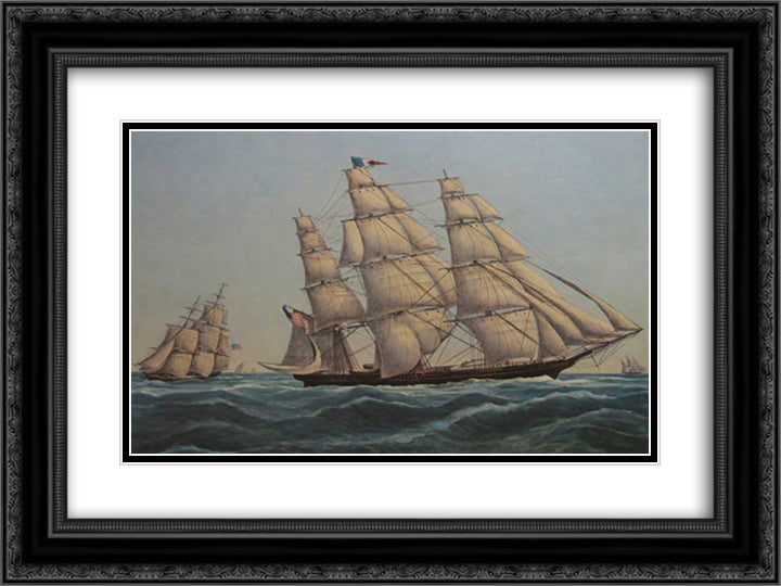 Clipper Ship 'Sweepstakes' 24x18 Black Ornate Wood Framed Art Print Poster with Double Matting by Currier and Ives