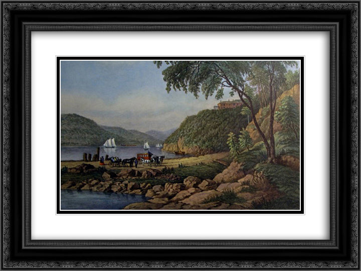 Cozzen's Dock - West Point 24x18 Black Ornate Wood Framed Art Print Poster with Double Matting by Currier and Ives