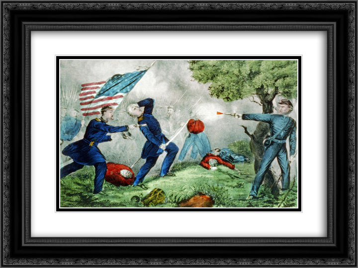 Death of Col Edward D. Baker at the Battle of Balls Bluff near Leesburg Va. Oct. 21st 1861 1861 24x18 Black Ornate Wood Framed Art Print Poster with Double Matting by Currier and Ives