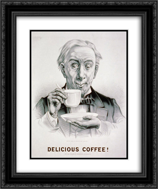 Delicious Coffee! 20x24 Black Ornate Wood Framed Art Print Poster with Double Matting by Currier and Ives