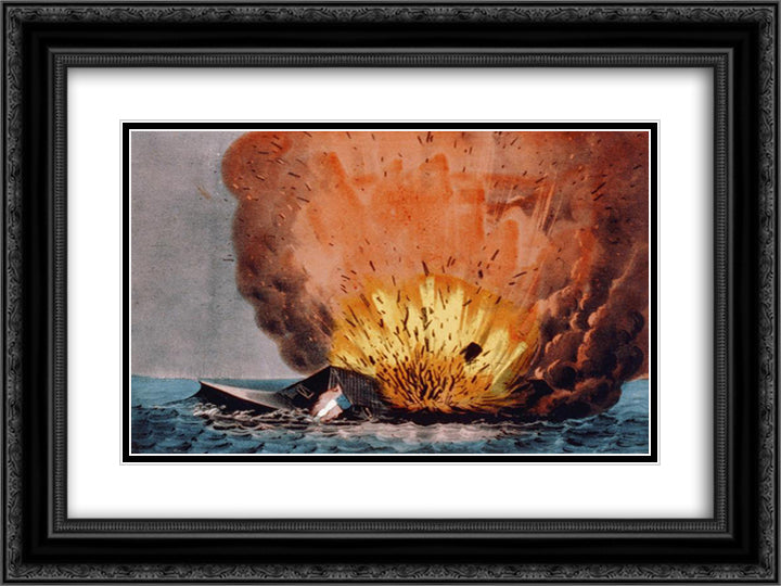 Destruction of the rebel monster 'Merrimac' off Craney Island May 11th 1862 24x18 Black Ornate Wood Framed Art Print Poster with Double Matting by Currier and Ives