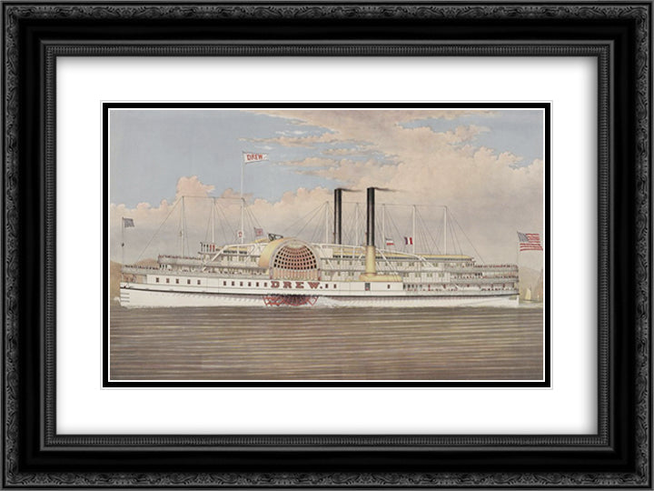 Drew, a Hudson River steamer 24x18 Black Ornate Wood Framed Art Print Poster with Double Matting by Currier and Ives