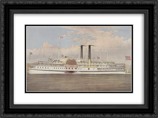 Drew, a Hudson River steamer 24x18 Black Ornate Wood Framed Art Print Poster with Double Matting by Currier and Ives