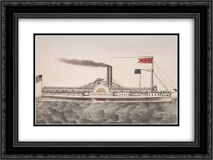 Empire State, Great Lakes steamboat 24x18 Black Ornate Wood Framed Art Print Poster with Double Matting by Currier and Ives