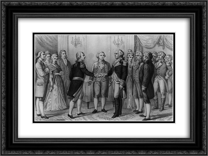 First meeting of Washington and Lafayette 24x18 Black Ornate Wood Framed Art Print Poster with Double Matting by Currier and Ives