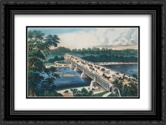 Girard Avenue Bridge 24x18 Black Ornate Wood Framed Art Print Poster with Double Matting by Currier and Ives