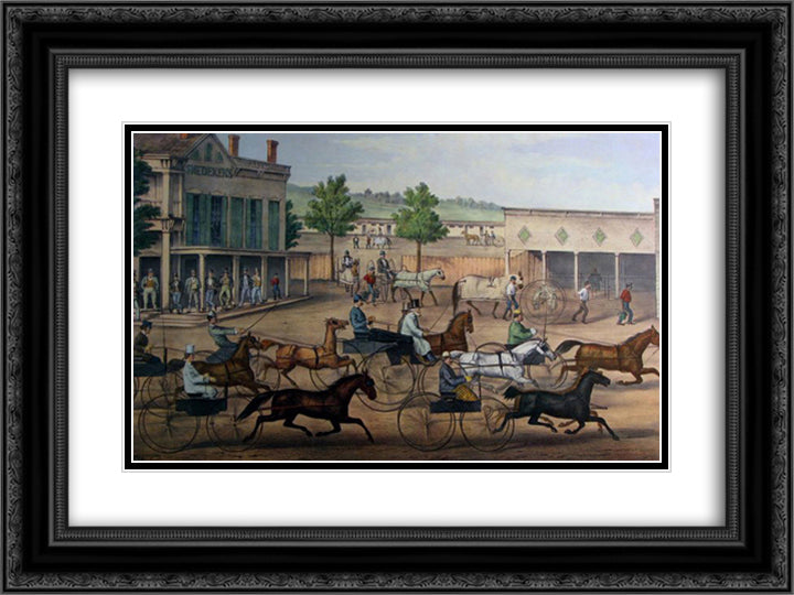 Going to the Trot 24x18 Black Ornate Wood Framed Art Print Poster with Double Matting by Currier and Ives