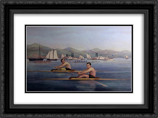 Great Five Mile Rowing Match 24x18 Black Ornate Wood Framed Art Print Poster with Double Matting by Currier and Ives