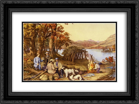 Hunting, Fishing and Forest Scenes 24x18 Black Ornate Wood Framed Art Print Poster with Double Matting by Currier and Ives