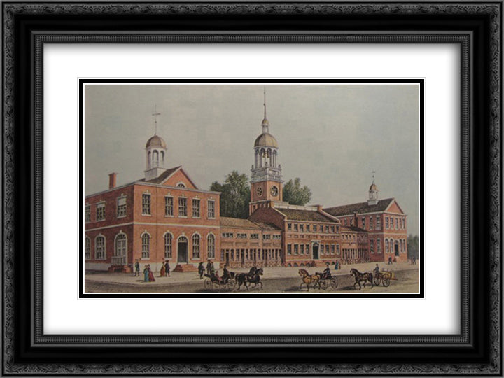 Independence Hall, Philadelphia 24x18 Black Ornate Wood Framed Art Print Poster with Double Matting by Currier and Ives