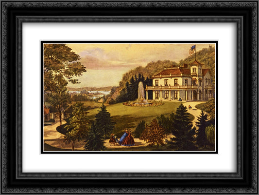 Life in the Country - Evening 24x18 Black Ornate Wood Framed Art Print Poster with Double Matting by Currier and Ives