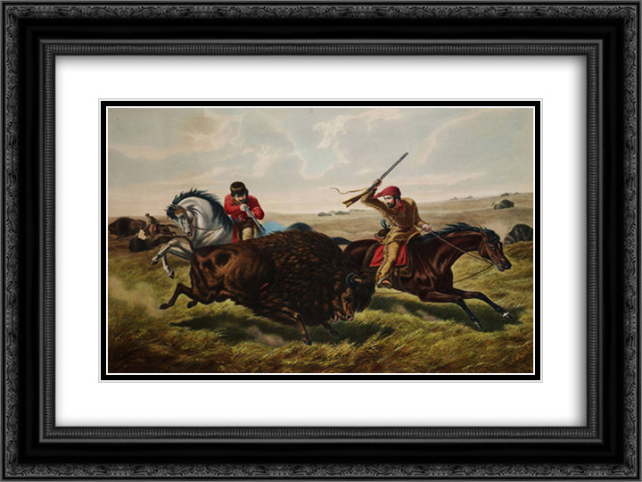 Life on the Prairie, The Buffalo Hunt 24x18 Black Ornate Wood Framed Art Print Poster with Double Matting by Currier and Ives