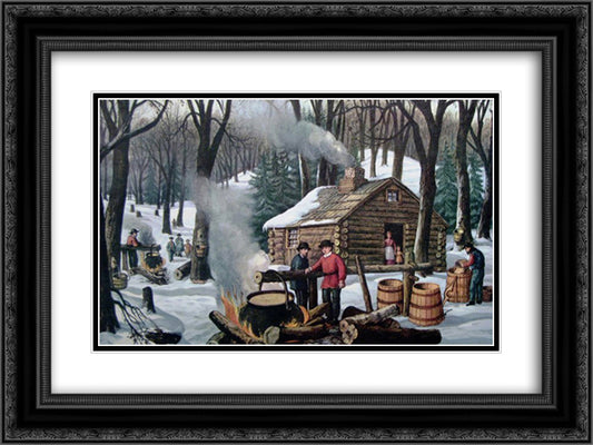 Maple Sugaring 24x18 Black Ornate Wood Framed Art Print Poster with Double Matting by Currier and Ives