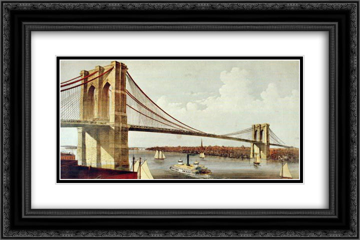 New York City Brooklyn Bridge 24x16 Black Ornate Wood Framed Art Print Poster with Double Matting by Currier and Ives