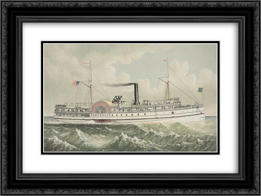 Penobscot, New England coastal steamship 24x18 Black Ornate Wood Framed Art Print Poster with Double Matting by Currier and Ives