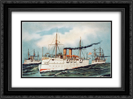 Protected steel cruiser Philadelphia, United States Navy 24x18 Black Ornate Wood Framed Art Print Poster with Double Matting by Currier and Ives