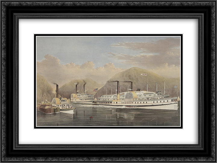 Steamboats passing on the Hudson River 24x18 Black Ornate Wood Framed Art Print Poster with Double Matting by Currier and Ives
