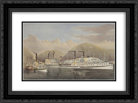 Steamboats passing on the Hudson River 24x18 Black Ornate Wood Framed Art Print Poster with Double Matting by Currier and Ives