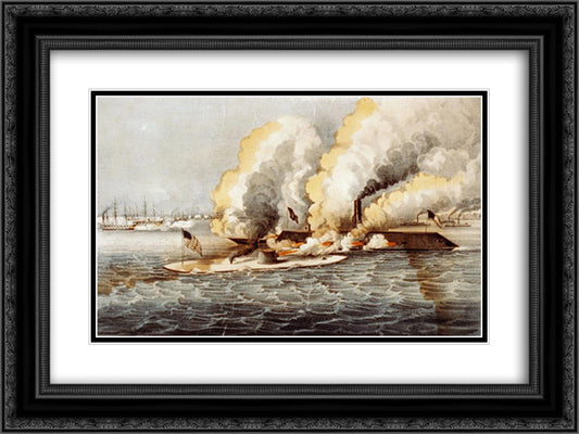 Terrific combat between the 'Monitor' 2 guns & 'Merrimac' 11 guns in Hampton Roads March 9th., 1862 24x18 Black Ornate Wood Framed Art Print Poster with Double Matting by Currier and Ives